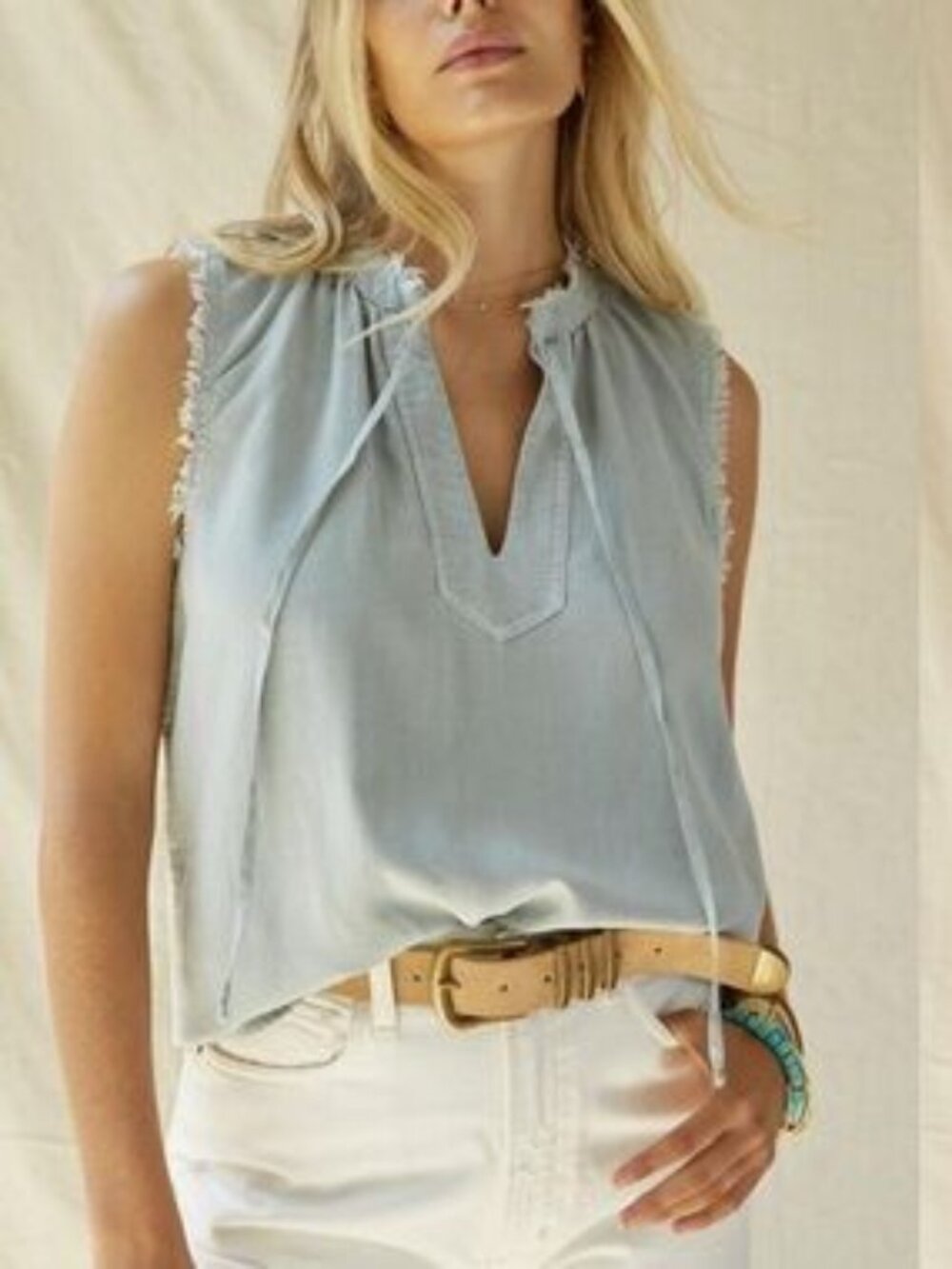 Anthropologie Cloth & Stone Denim Blue Fringe Tie Neck Top M NWT Sleeveless